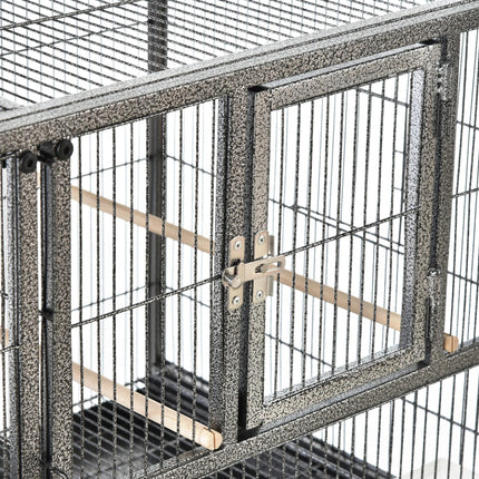 Double Rolling Metal Parrot Bird Cage with Removable Tray, Storage Shelf, Wood Perch & Food Container - Black/Gray