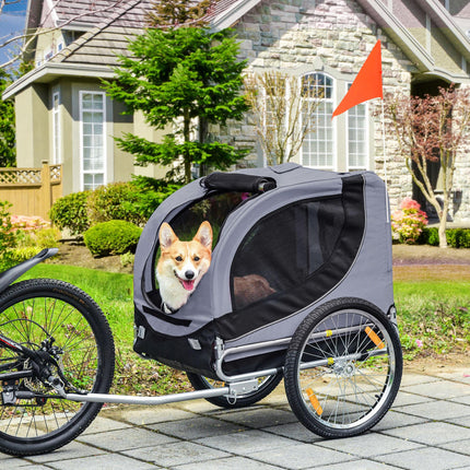 Dog Bike Trailer Pet Cart Carrier Steel Frame Water Resistant - Grey and Black