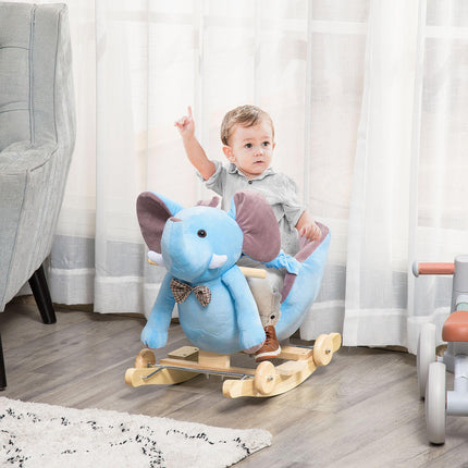 2 In 1 Plush Baby Ride on Rocking Horse Elephant Rocker with Wheels Wooden Toy F