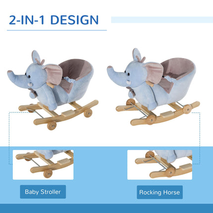 2 In 1 Plush Baby Ride on Rocking Horse Elephant Rocker with Wheels Wooden Toy F