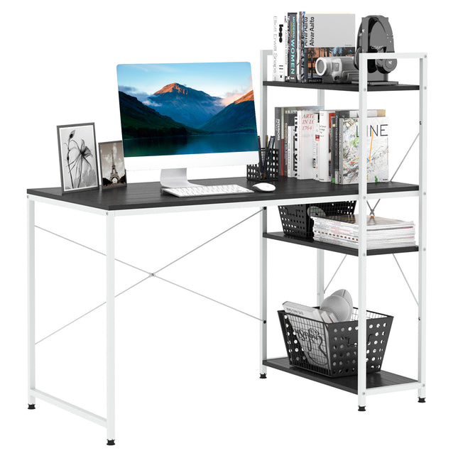 Computer Desk Workstation with 4-Tier Bookshelf Storage Metal Frame Wooden Top - Black & White