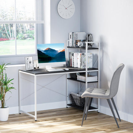 Computer Desk Workstation with 4-Tier Bookshelf Storage Metal Frame Wooden Top - Black & White