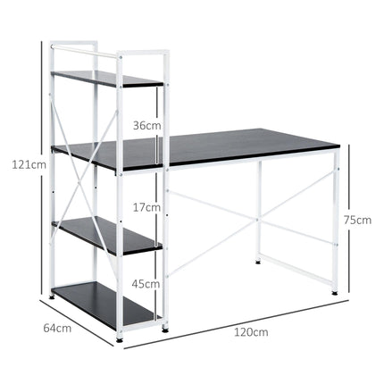 Computer Desk Workstation with 4-Tier Bookshelf Storage Metal Frame Wooden Top - Black & White