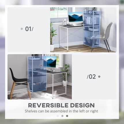 Computer Desk Workstation with 4-Tier Bookshelf Storage Metal Frame Wooden Top - Black & White