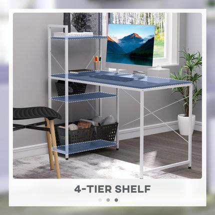 Computer Desk Workstation with 4-Tier Bookshelf Storage Metal Frame Wooden Top - Black & White