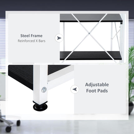 Computer Desk Workstation with 4-Tier Bookshelf Storage Metal Frame Wooden Top - Black & White
