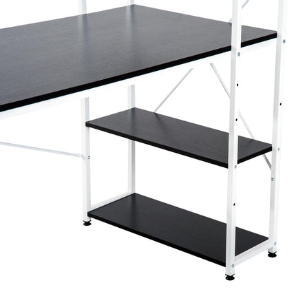 Computer Desk Workstation with 4-Tier Bookshelf Storage Metal Frame Wooden Top - Black & White