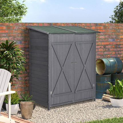 Wooden Garden Storage Shed with Lockable Double Doors and Removable Table - Grey