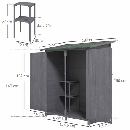 Wooden Garden Storage Shed with Lockable Double Doors and Removable Table - Grey