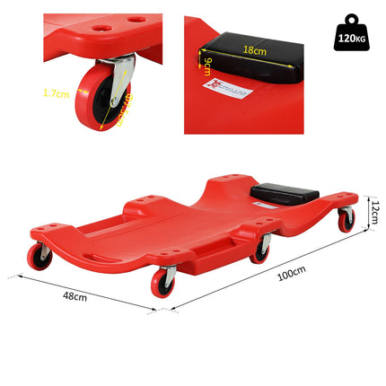 Mechanic Vehicle Creeper with Padded Headrest, Tool Trays & Rolling Castors for Garage Repair - Red