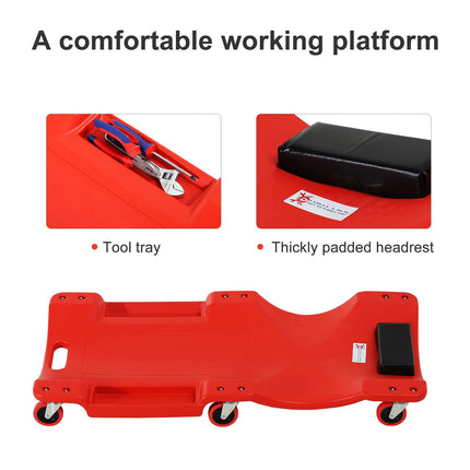 Mechanic Vehicle Creeper with Padded Headrest, Tool Trays & Rolling Castors for Garage Repair - Red