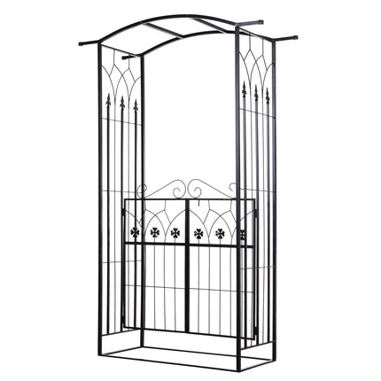 Metal Frame Garden Entrance Arch with Dual Gate and Side Trellis - Black