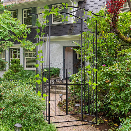 Metal Frame Garden Entrance Arch with Dual Gate and Side Trellis - Black
