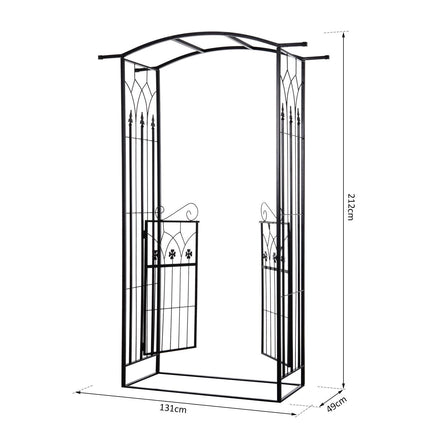 Metal Frame Garden Entrance Arch with Dual Gate and Side Trellis - Black