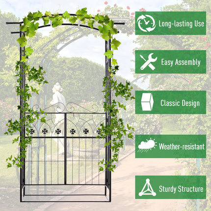 Metal Frame Garden Entrance Arch with Dual Gate and Side Trellis - Black