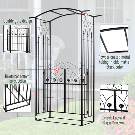 Metal Frame Garden Entrance Arch with Dual Gate and Side Trellis - Black