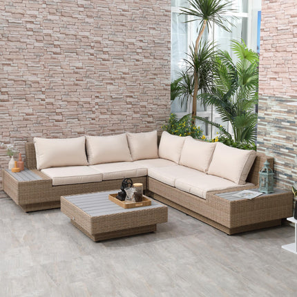 5-Seater Rattan Garden Outdoor Sectional Corner Sofa with Coffee Table and Cushions - Beige