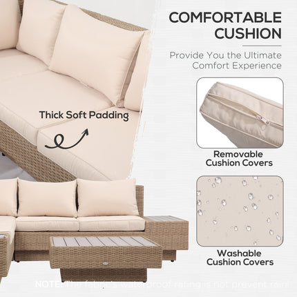 5-Seater Rattan Garden Outdoor Sectional Corner Sofa with Coffee Table and Cushions - Beige
