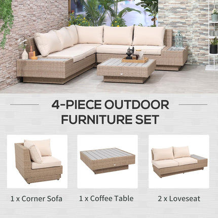 5-Seater Rattan Garden Outdoor Sectional Corner Sofa with Coffee Table and Cushions - Beige
