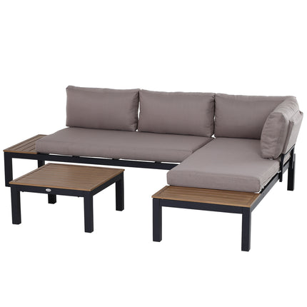 3 Piece Aluminium Frame Garden Furniture Set with Sofa, Chaise Lounge & Coffee Table - Mixed Grey