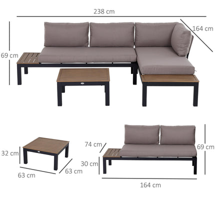 3 Piece Aluminium Frame Garden Furniture Set with Sofa, Chaise Lounge & Coffee Table - Mixed Grey