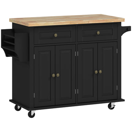 Rolling Kitchen Island Storage Trolley with Rubber Wood Top and Drawers - Black