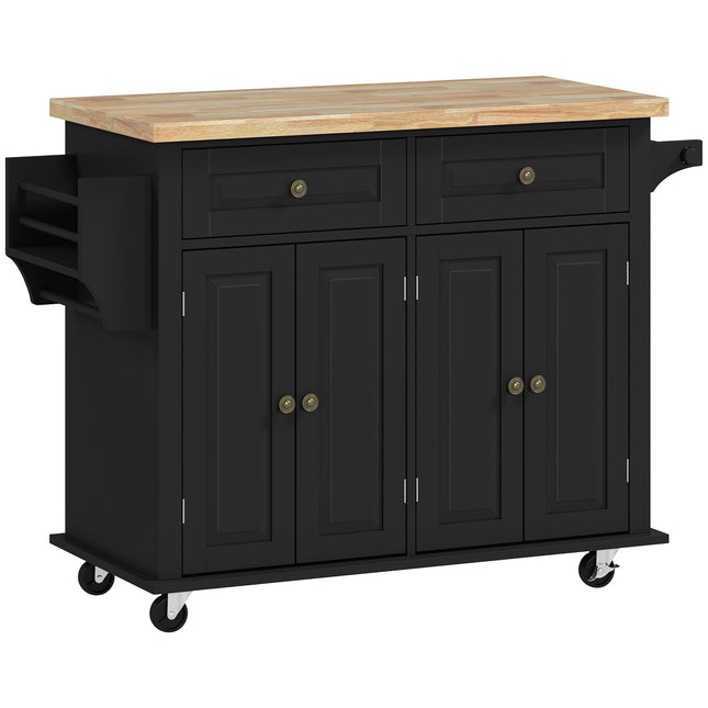 Rolling Kitchen Island Storage Trolley with Rubber Wood Top and Drawers - Black