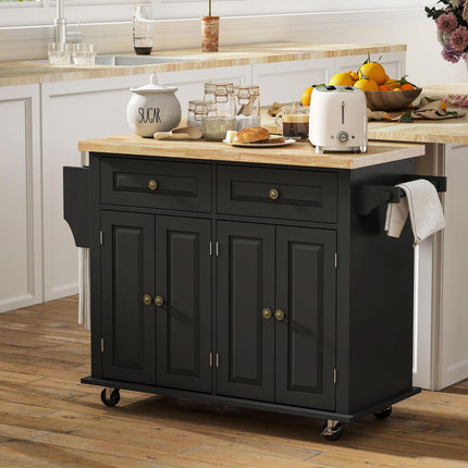 Rolling Kitchen Island Storage Trolley with Rubber Wood Top and Drawers - Black