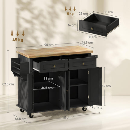 Rolling Kitchen Island Storage Trolley with Rubber Wood Top and Drawers - Black