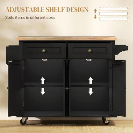 Rolling Kitchen Island Storage Trolley with Rubber Wood Top and Drawers - Black