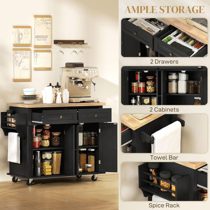 Rolling Kitchen Island Storage Trolley with Rubber Wood Top and Drawers - Black