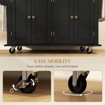 Rolling Kitchen Island Storage Trolley with Rubber Wood Top and Drawers - Black