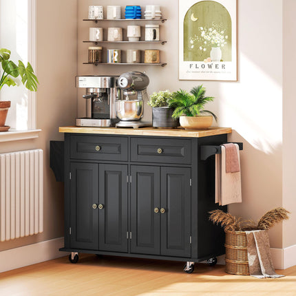 Rolling Kitchen Island Storage Trolley with Rubber Wood Top and Drawers - Black