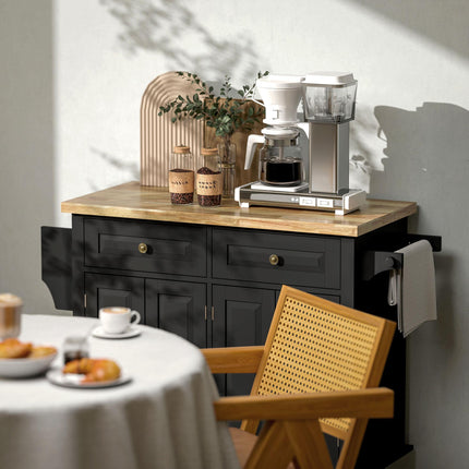 Rolling Kitchen Island Storage Trolley with Rubber Wood Top and Drawers - Black