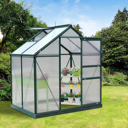 6ft x 4ft Aluminium Frame Greenhouse with Polycarbonate Panels, Slide Door & Galvanized Base - Green