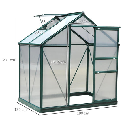 6ft x 4ft Aluminium Frame Greenhouse with Polycarbonate Panels, Slide Door & Galvanized Base - Green