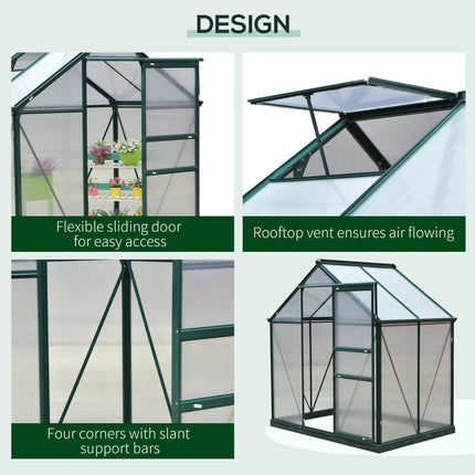 6ft x 4ft Aluminium Frame Greenhouse with Polycarbonate Panels, Slide Door & Galvanized Base - Green