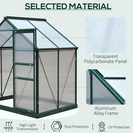 6ft x 4ft Aluminium Frame Greenhouse with Polycarbonate Panels, Slide Door & Galvanized Base - Green