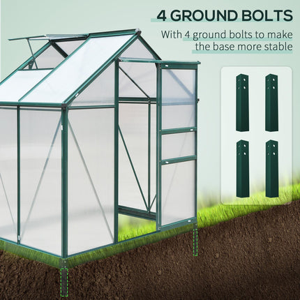 6ft x 4ft Aluminium Frame Greenhouse with Polycarbonate Panels, Slide Door & Galvanized Base - Green