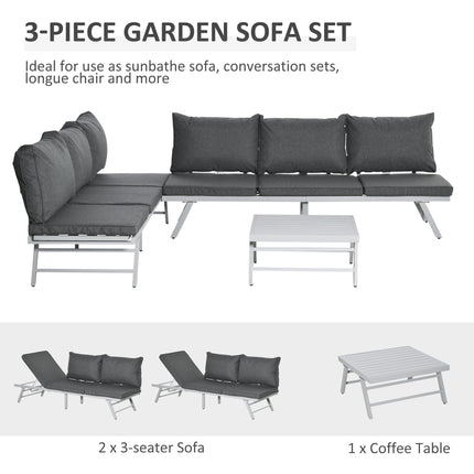 3 Piece Convertible Garden Seating Set with Padded Cushions - Grey