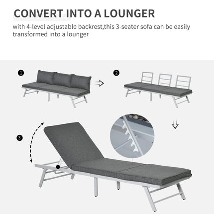 3 Piece Convertible Garden Seating Set with Padded Cushions - Grey