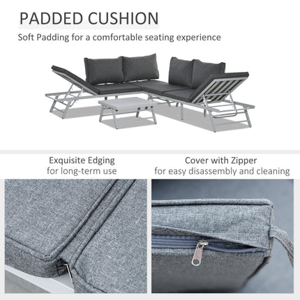 3 Piece Convertible Garden Seating Set with Padded Cushions - Grey