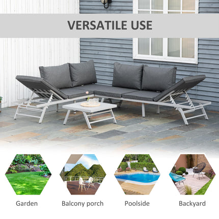 3 Piece Convertible Garden Seating Set with Padded Cushions - Grey