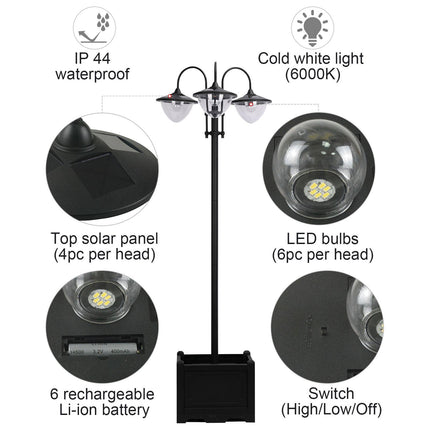 3 Head Solar LED Lamp Post with Planter 189cm - Black
