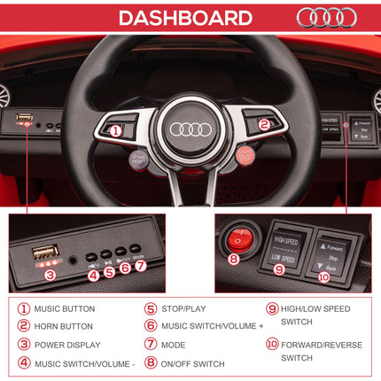 Audi TT RS 12V Rechargeable Ride-On Car with Remote, Lights, Horn, MP3 Player, Seat Belt - Red
