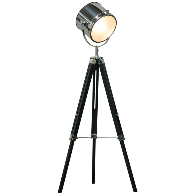 Adjustable Industrial Tripod Floor Lamp with Searchlight Steel Shade, 110-155cm - Black