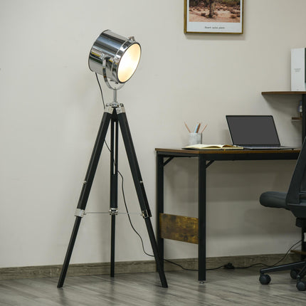 Adjustable Industrial Tripod Floor Lamp with Searchlight Steel Shade, 110-155cm - Black