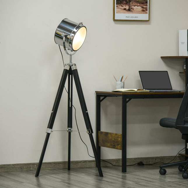 Adjustable Industrial Tripod Floor Lamp with Searchlight Steel Shade, 110-155cm - Black