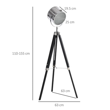 Adjustable Industrial Tripod Floor Lamp with Searchlight Steel Shade, 110-155cm - Black