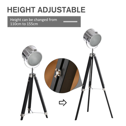 Adjustable Industrial Tripod Floor Lamp with Searchlight Steel Shade, 110-155cm - Black